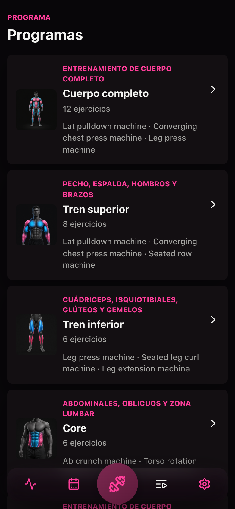 Resumen de programas Fitgirl Full Body, Upper Body, Lower Body y Core